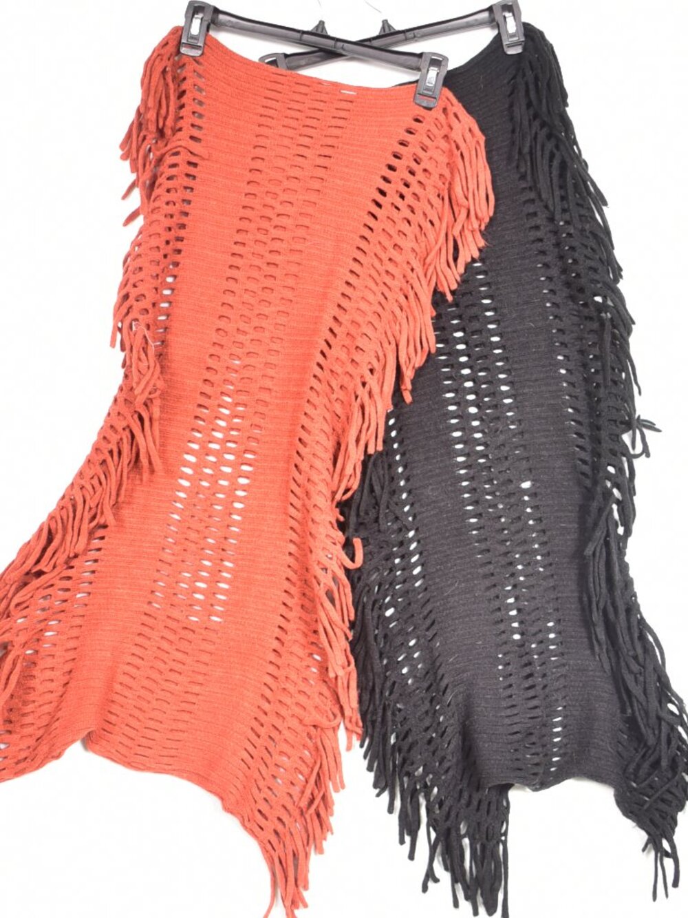 2 Solid Color Knit Infinity Orange & Black Winter Scarf with Fringe